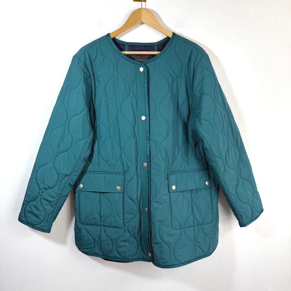 Talbots Quilted Barn Jacket XL Teal Equestrian Riding Coat Gold Snap Preppy